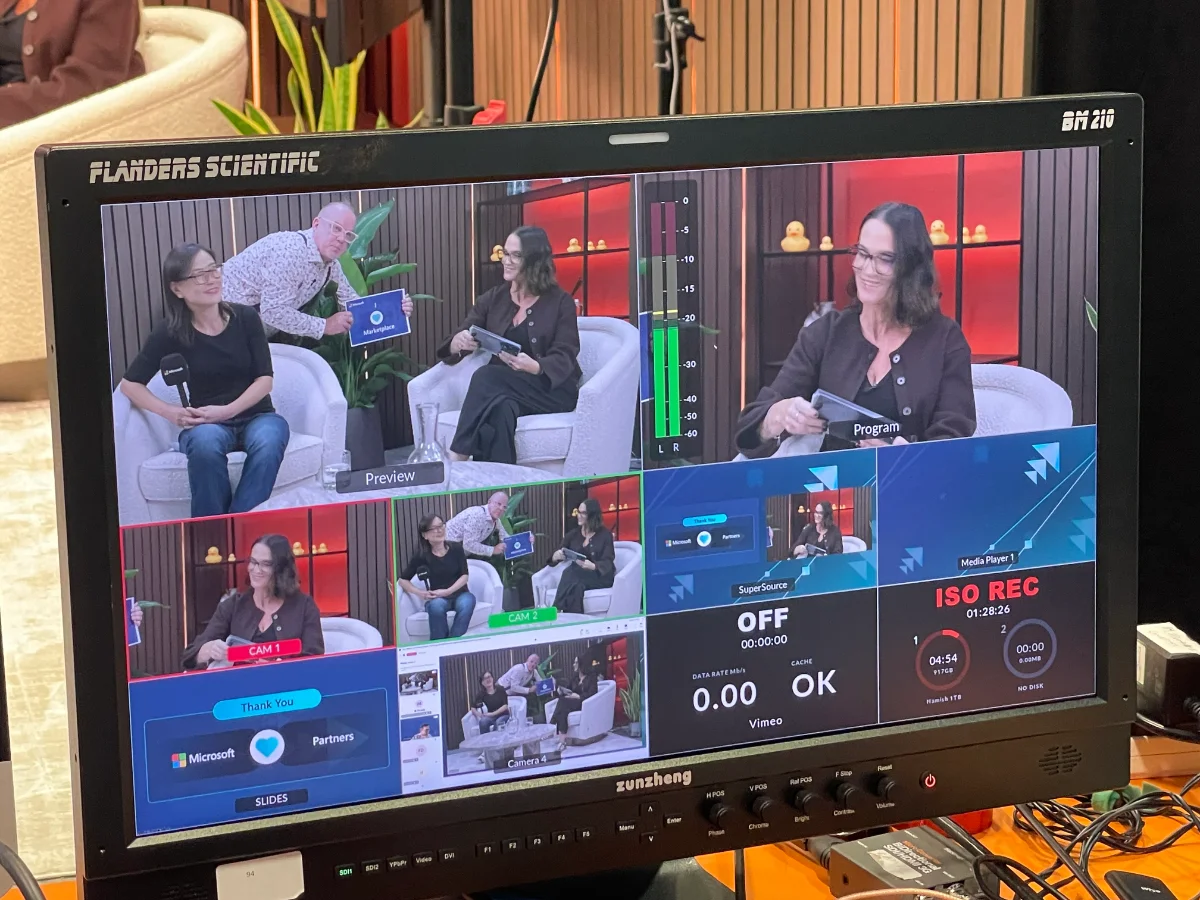 A production monitor showing preview, programme and camera feeds from a multi-camera studio interview.